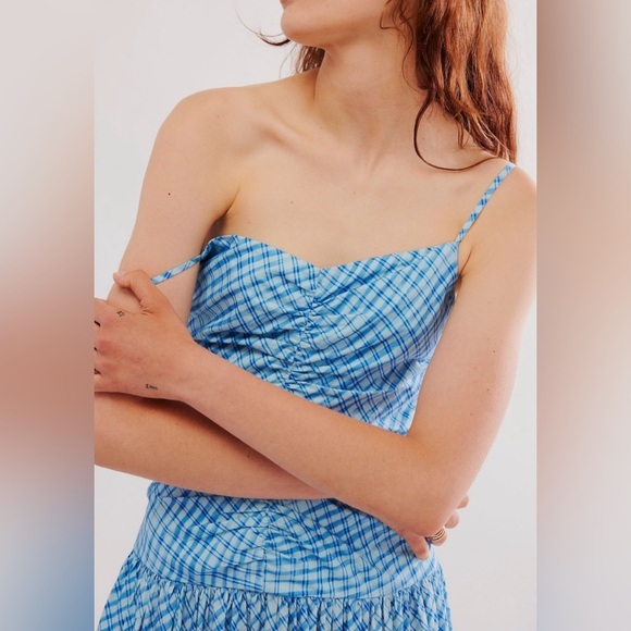 NEW Summer Away at Free People Roberta Dress Sz S Blue Ocean Checks Ruched - Picture 5 of 15